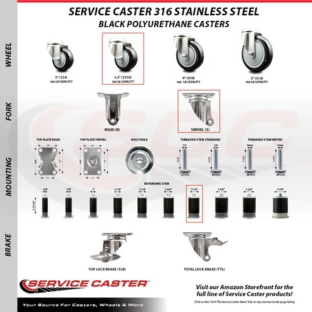 Service Caster 3.5 Inch 316SS Black Polyurethane Swivel 1-1/2 Inch Stem Caster Lock Brake, 2PK SS316TTLEX20S3514-PPUB-BLK-2-S-2-112